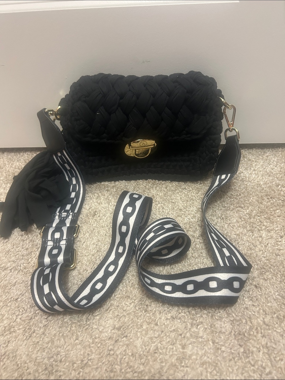 Black Woven Crossbody Bag with Patterned Strap